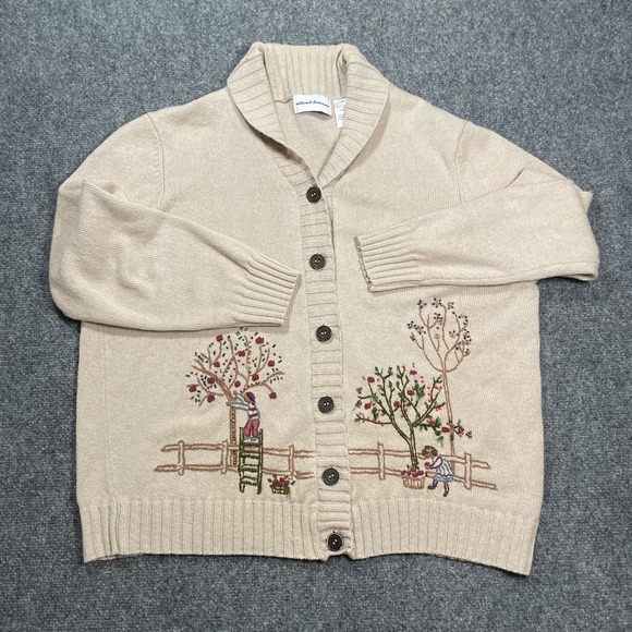Alfred Dunner Sweaters - Vintage Embroidered Knit Cardigan Women's Size XL Beige Shawl Neck Cottagecore